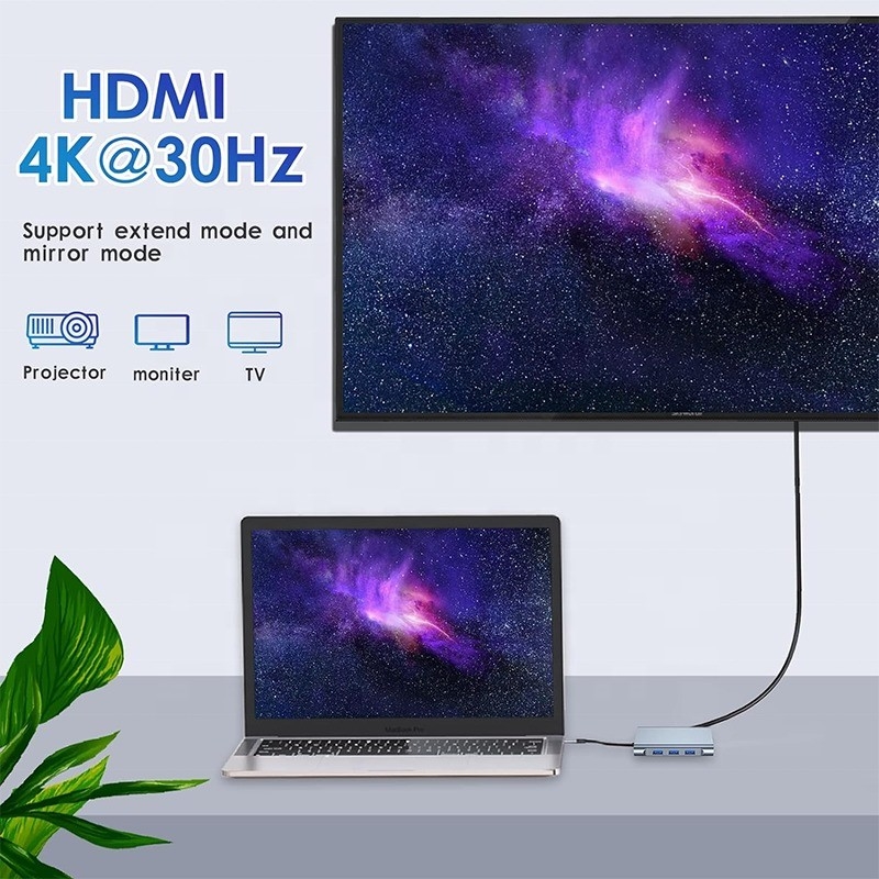 Multi Function 8-In-1 USB-C USB C Docking Station với cổng 4K HDMI và 2 cổng HDMI màu xám