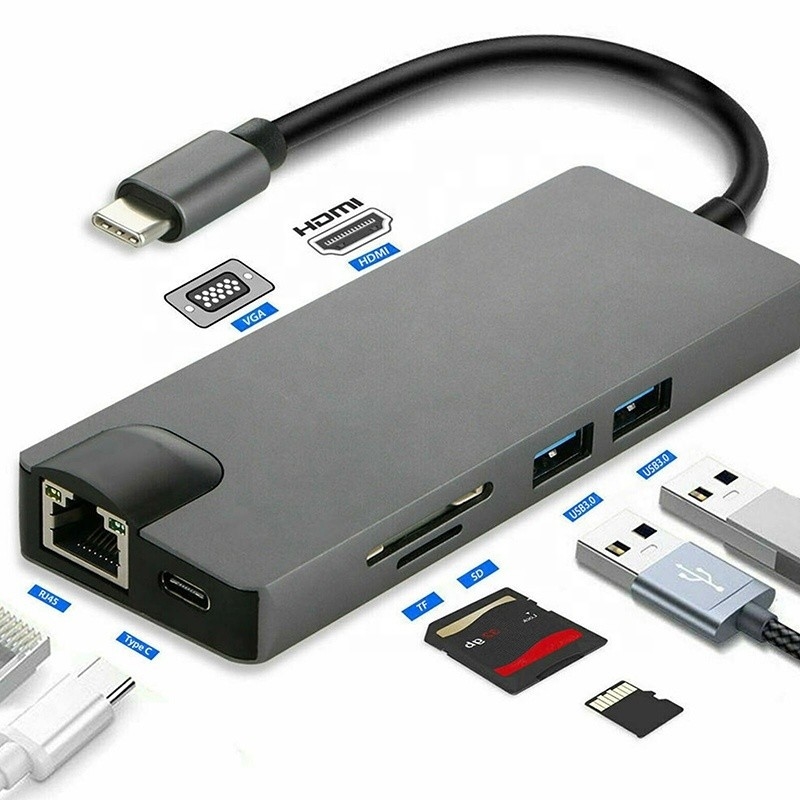 8-In-1 USB C Hub Type-C Type C 3.1 đến 4K HDMI HDTV RJ45 Lan Ethernet PD USB3.0 Adapter Hub