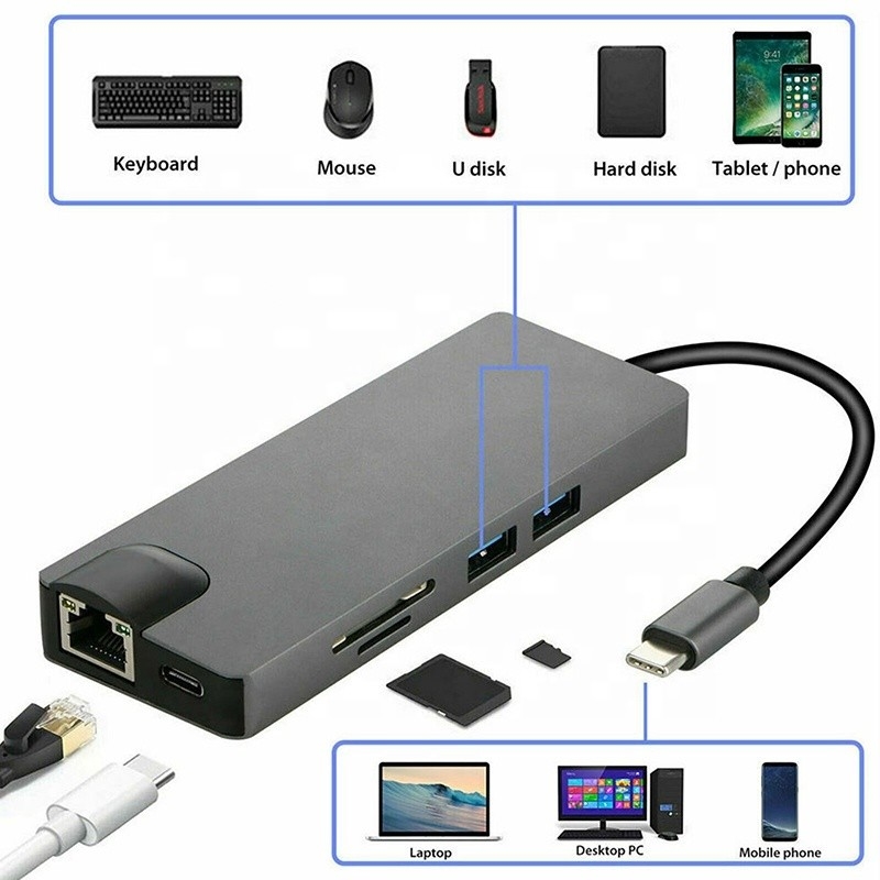 8-In-1 USB C Hub Type-C Type C 3.1 đến 4K HDMI HDTV RJ45 Lan Ethernet PD USB3.0 Adapter Hub