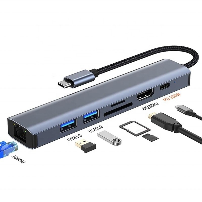 Màu xám 7 In 1 USB C Type C Hub với 1000M RJ45 Gigabit Ethernet 4K HDMI PD 100W Adapter