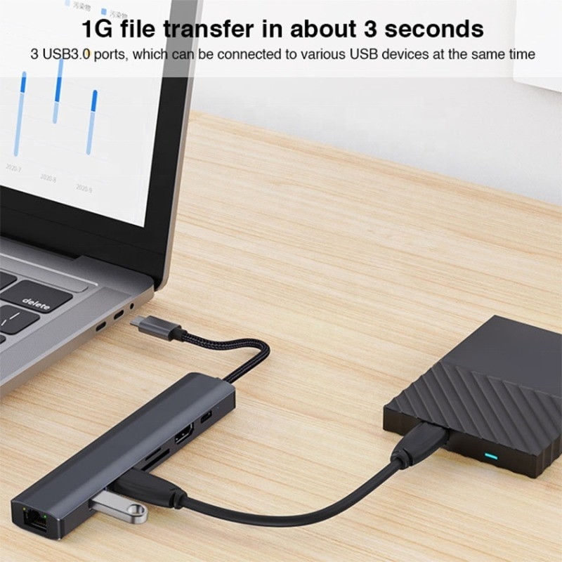 Màu xám 7 In 1 USB C Type C Hub với 1000M RJ45 Gigabit Ethernet 4K HDMI PD 100W Adapter