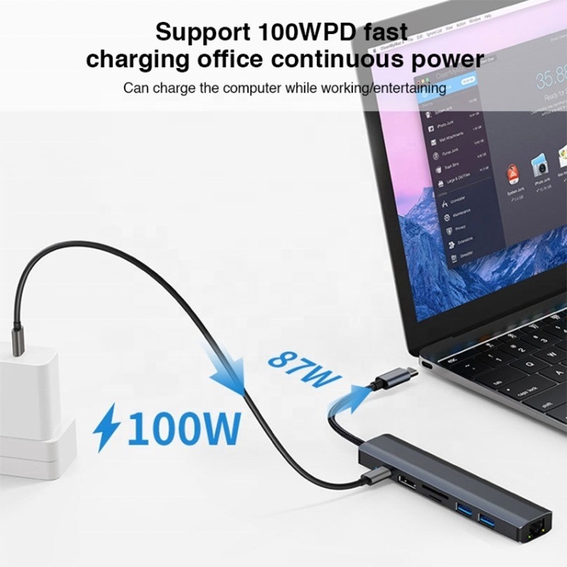 Màu xám 7 In 1 USB C Type C Hub với 1000M RJ45 Gigabit Ethernet 4K HDMI PD 100W Adapter