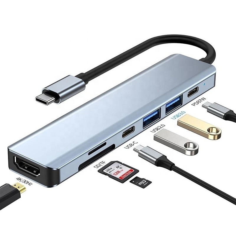 Màu xám 7 In 1 USB C đến HDMI Adapter Hub Dock với 4K HD HDMI PD SD TF SD / TF Card Reader
