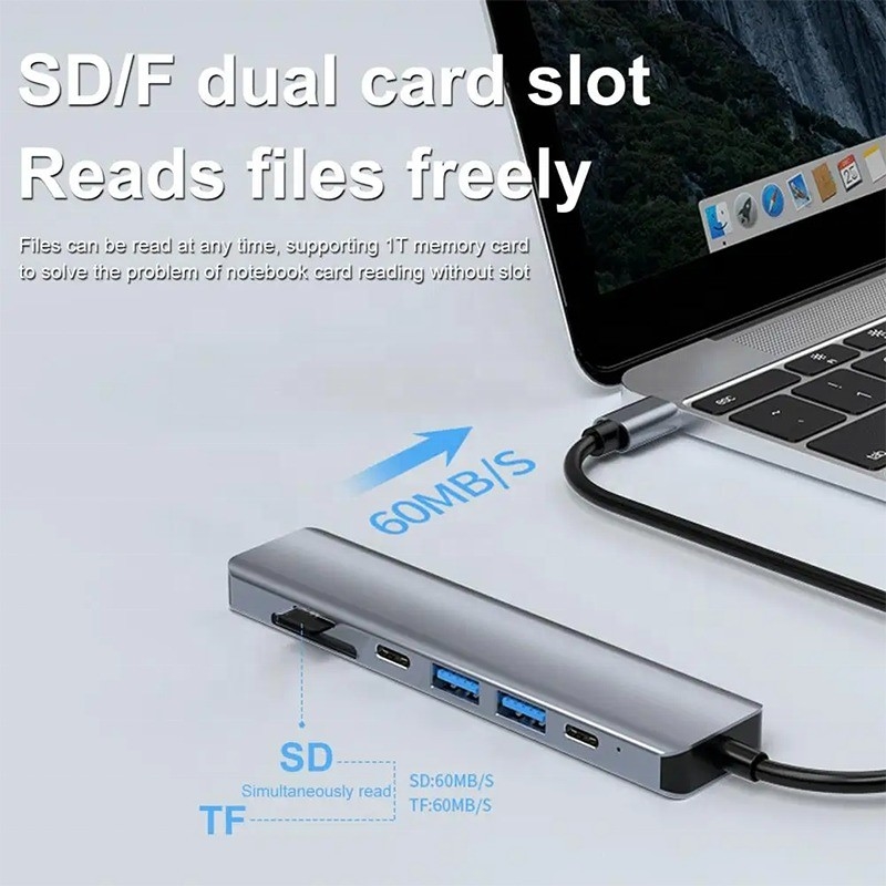 Màu xám 7 In 1 USB C đến HDMI Adapter Hub Dock với 4K HD HDMI PD SD TF SD / TF Card Reader