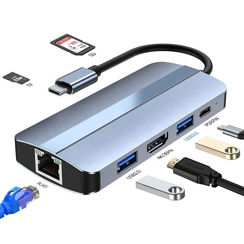 7 trong 1 USB C USB-C Hub cho Macbook Xám HDMI USB 3.0 USB2.0 RJ45 SD/TF Card Reader PD Output