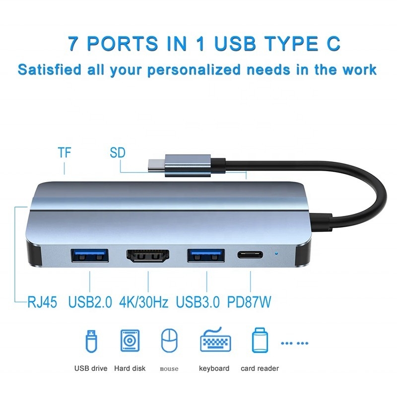 7 trong 1 USB C USB-C Hub cho Macbook Xám HDMI USB 3.0 USB2.0 RJ45 SD/TF Card Reader PD Output
