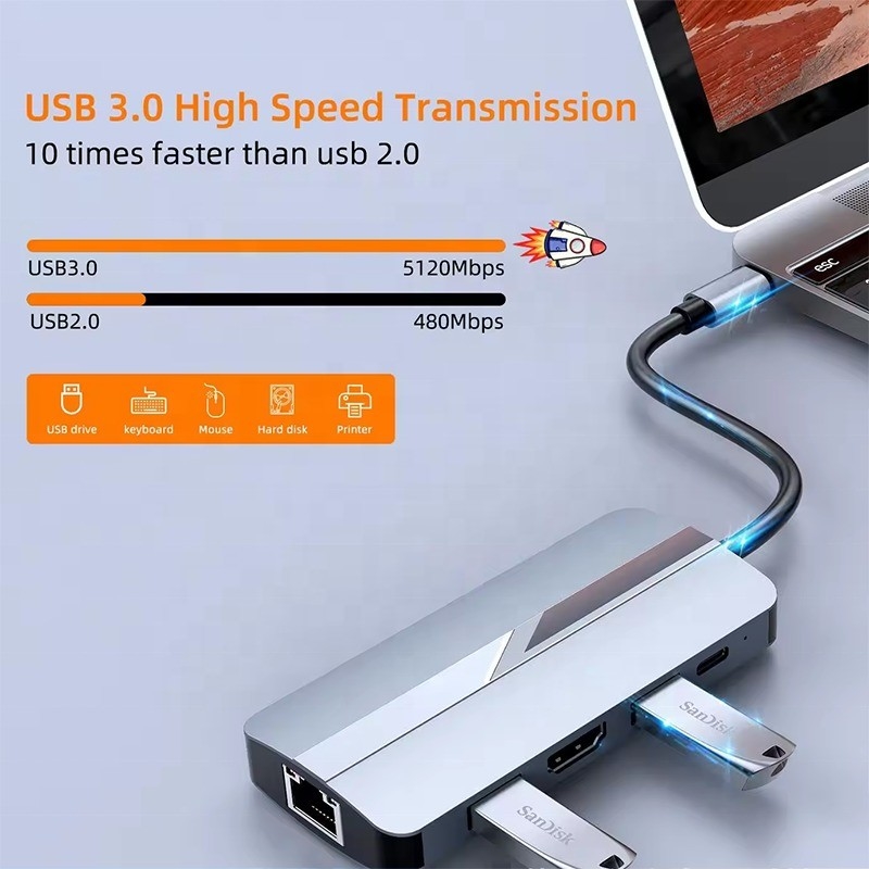 7 trong 1 USB C USB-C Hub cho Macbook Xám HDMI USB 3.0 USB2.0 RJ45 SD/TF Card Reader PD Output
