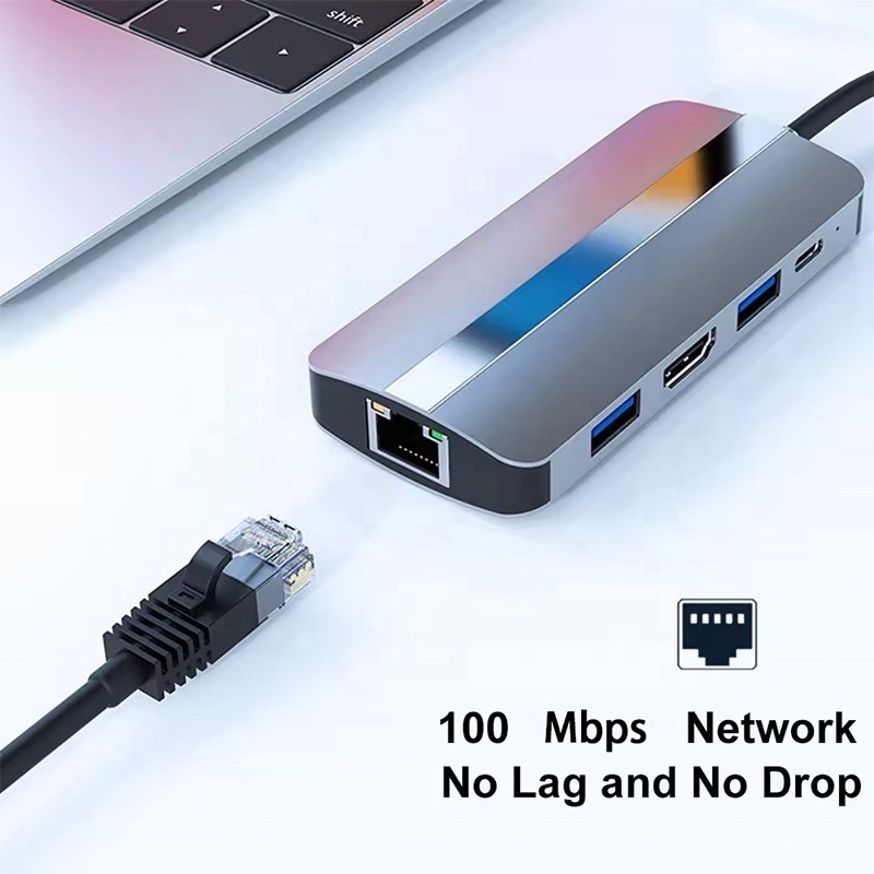 7 trong 1 USB C USB-C Hub cho Macbook Xám HDMI USB 3.0 USB2.0 RJ45 SD/TF Card Reader PD Output