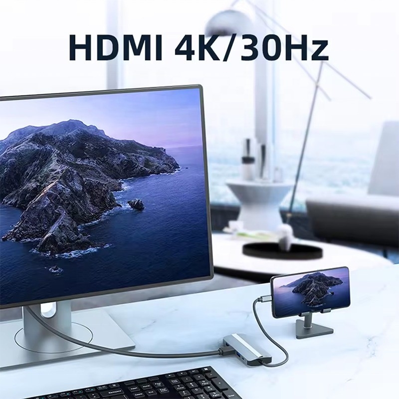 7 trong 1 USB C USB-C Hub cho Macbook Xám HDMI USB 3.0 USB2.0 RJ45 SD/TF Card Reader PD Output