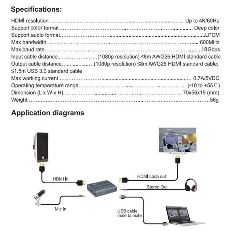 Thẻ chụp video chuyên nghiệp 4K 60Hz HDMI đến USB3.0 với đầu ra âm thanh và USB 3.0