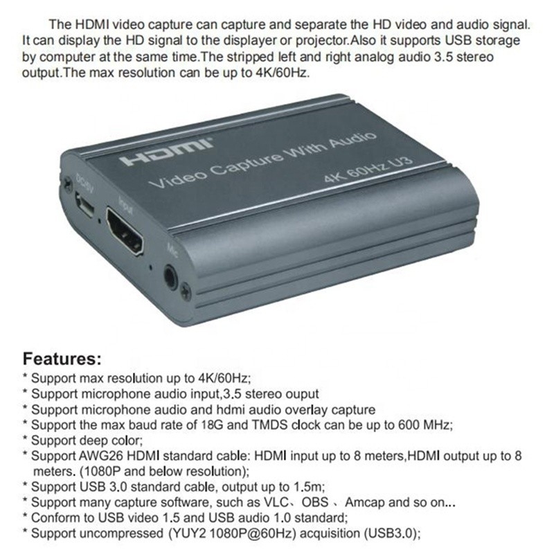 Thẻ chụp video chuyên nghiệp 4K 60Hz HDMI đến USB3.0 với đầu ra âm thanh và USB 3.0