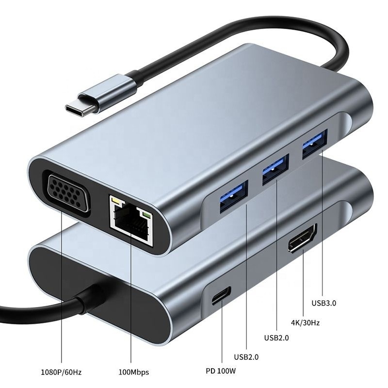 11 trong 1 USB-C Hub Type-C đến HDMI USB3.0 USB2.0 SD TF Adapter Hub với Card Reader