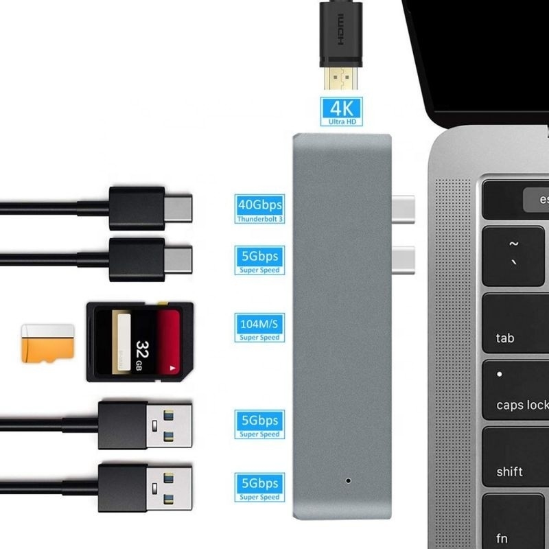 Trạm đậu nối 7-In-2 Hub với đầu vào nam kiểu C kép và kiểu giao diện USB 3.1
