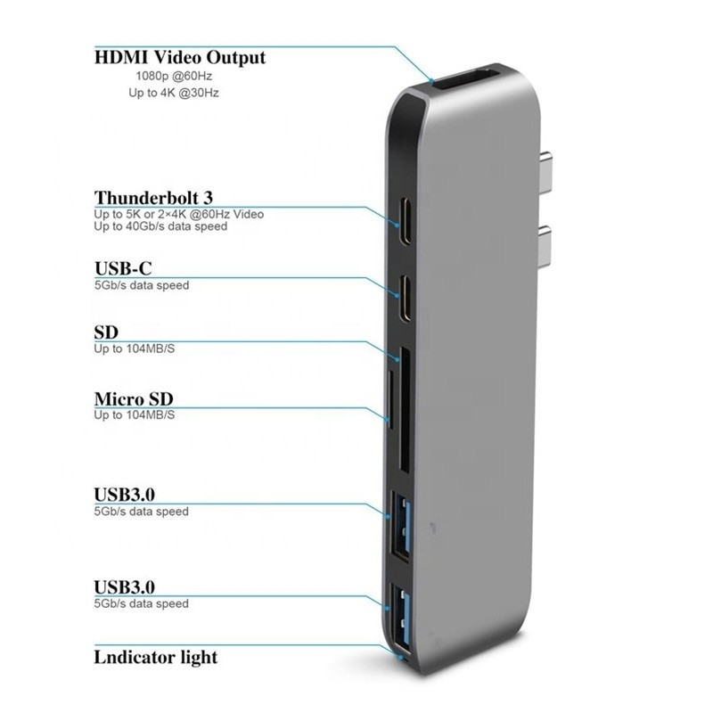 Multiport Docking Station 6-In-1 Type-C Hub Adapter với SD/TF 2*USB3.0 2*USB-C