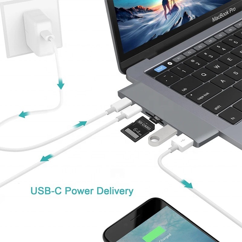 Multiport Docking Station 6-In-1 Type-C Hub Adapter với SD/TF 2*USB3.0 2*USB-C