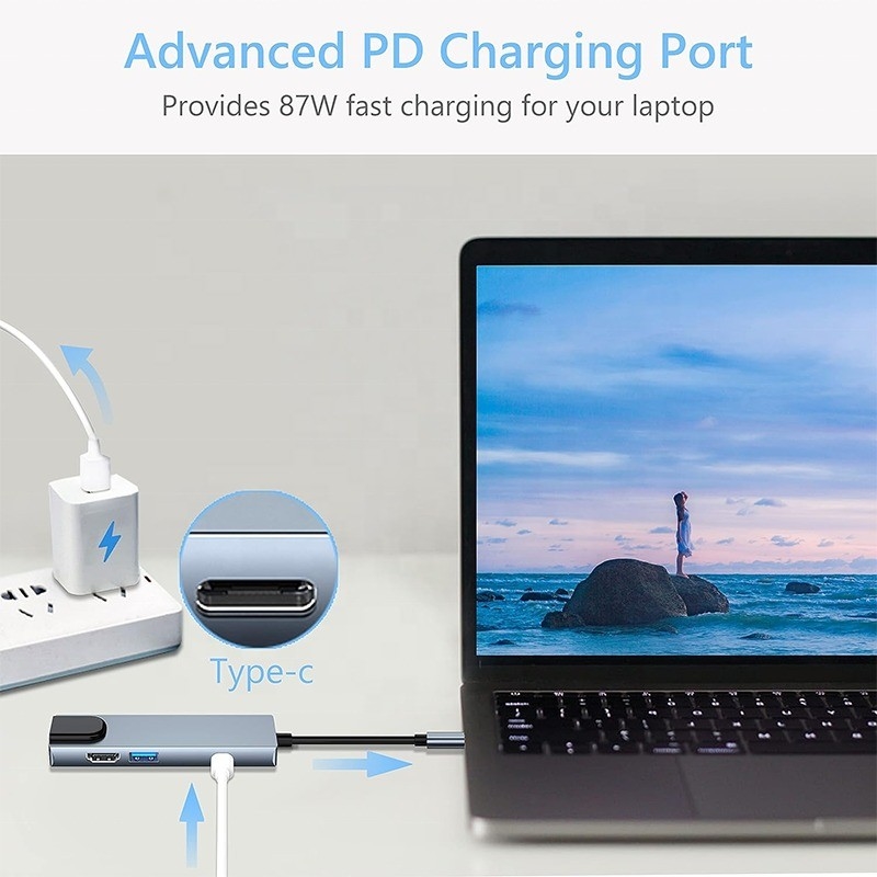 Trạm đậu nối USB C PD màu xám cho chức năng sạc máy tính xách tay