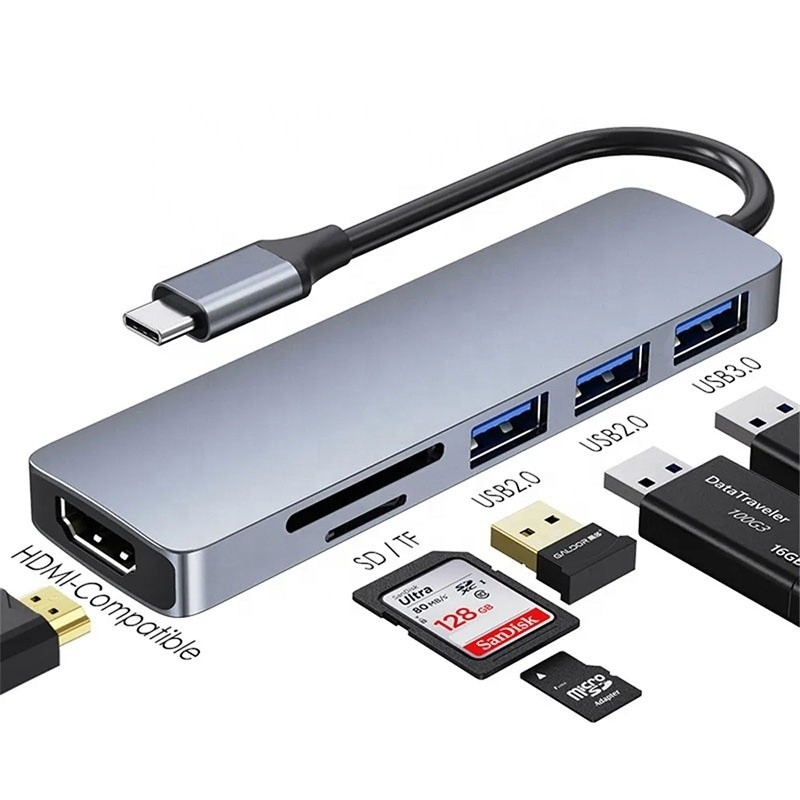 6-in-1 Multiport Laptop Docking Station với 4K HD HDMI HDTV USB 3.0 SD TF Card Reader