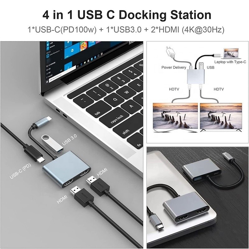 4-in-1 USB C để hai 4K HDMI MST Adapter để sạc truyền dữ liệu và đầu ra video
