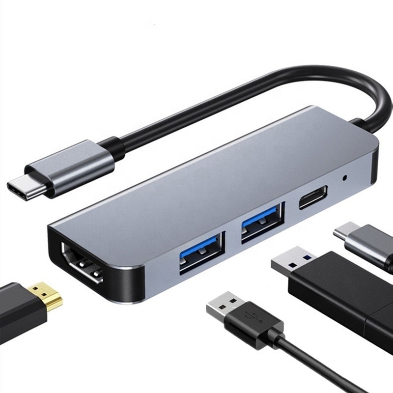 4K HDMI tương thích Type-C đến USB C Hub Adapter với 2 cổng sạc USB3.0 và PD