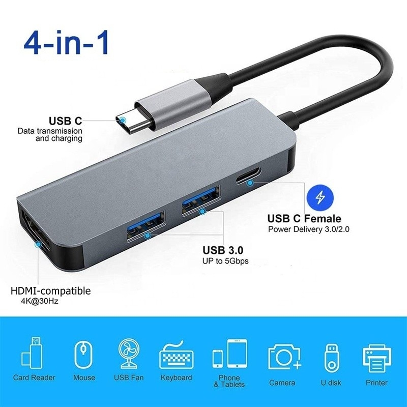 4K HDMI tương thích Type-C đến USB C Hub Adapter với 2 cổng sạc USB3.0 và PD