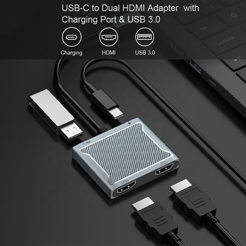 Kết nối giao diện USB C loại C Bộ chuyển đổi HDMI kép 4K 4 In 1 USB 3.0 Hub cho máy tính xách tay
