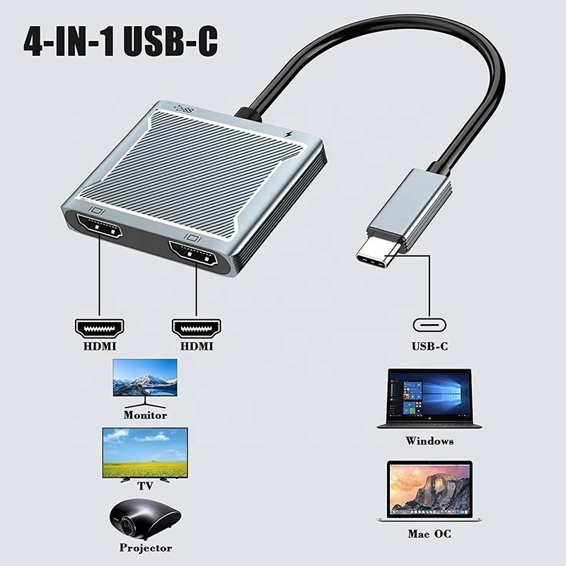 Kết nối giao diện USB C loại C Bộ chuyển đổi HDMI kép 4K 4 In 1 USB 3.0 Hub cho máy tính xách tay