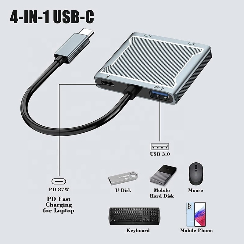 Kết nối giao diện USB C loại C Bộ chuyển đổi HDMI kép 4K 4 In 1 USB 3.0 Hub cho máy tính xách tay
