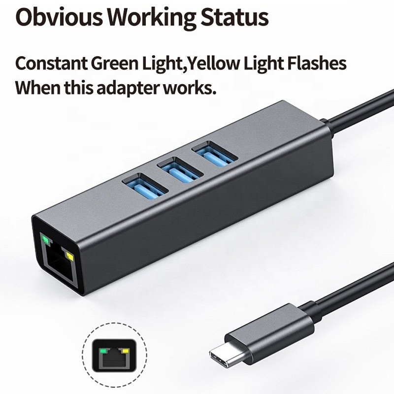 USB 3.1 Type C đến 9 cổng USB3.0 Hub với Gigabit Ethernet RJ45 Lan Port Adapter Xám