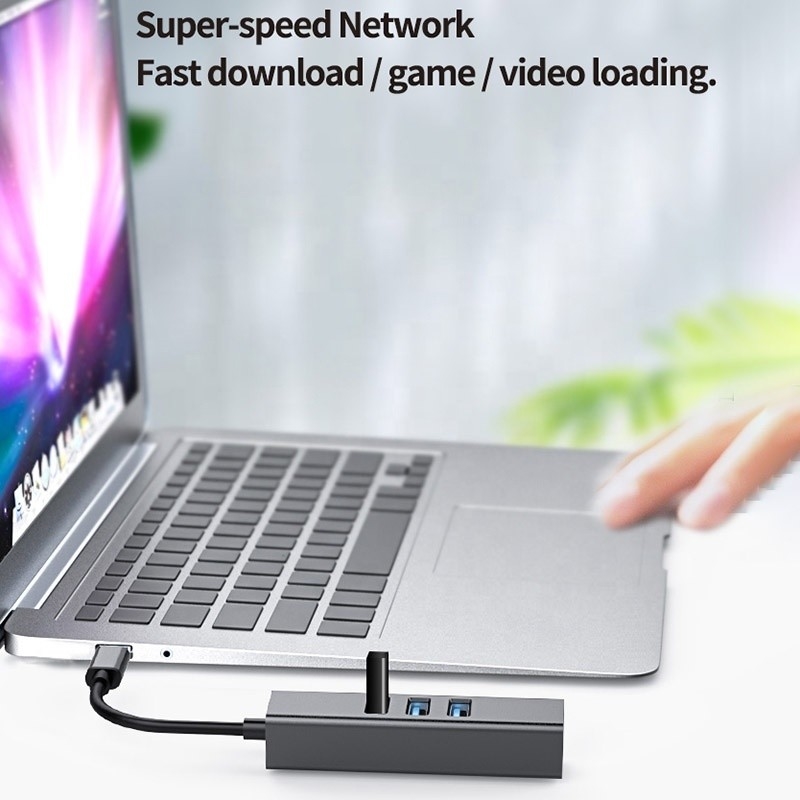 USB 3.1 Type C đến 9 cổng USB3.0 Hub với Gigabit Ethernet RJ45 Lan Port Adapter Xám