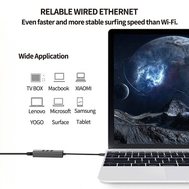 USB 3.1 Type C đến 9 cổng USB3.0 Hub với Gigabit Ethernet RJ45 Lan Port Adapter Xám