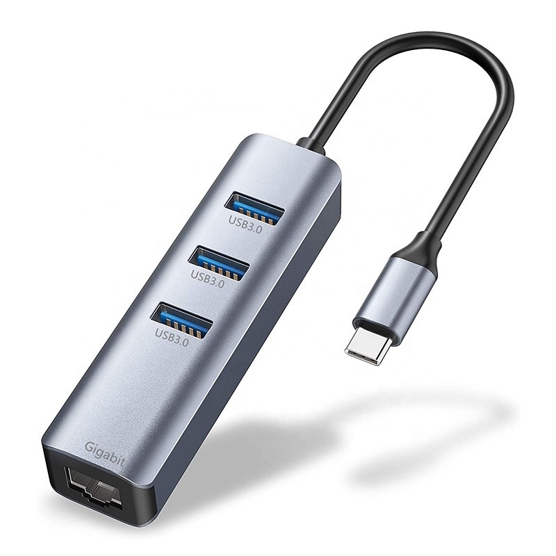 USB 3.1 Giao diện loại C đến 9 cổng USB A 3.0 Adapter với RJ45 Gigabit Ethernet Network Card Xám