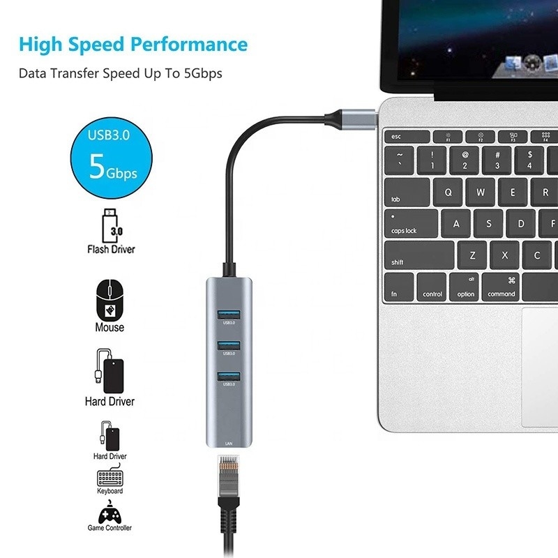 USB 3.1 Giao diện loại C đến 9 cổng USB A 3.0 Adapter với RJ45 Gigabit Ethernet Network Card Xám