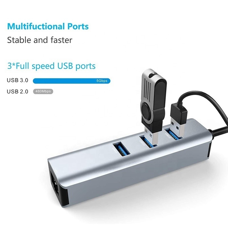 USB 3.1 Giao diện loại C đến 9 cổng USB A 3.0 Adapter với RJ45 Gigabit Ethernet Network Card Xám