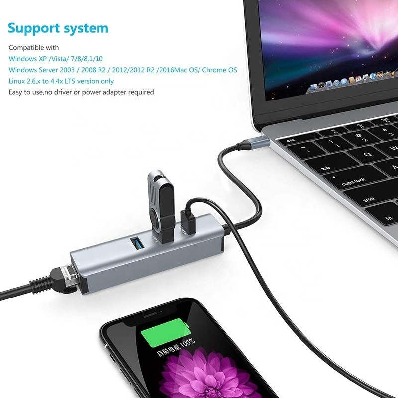 USB 3.1 Giao diện loại C đến 9 cổng USB A 3.0 Adapter với RJ45 Gigabit Ethernet Network Card Xám