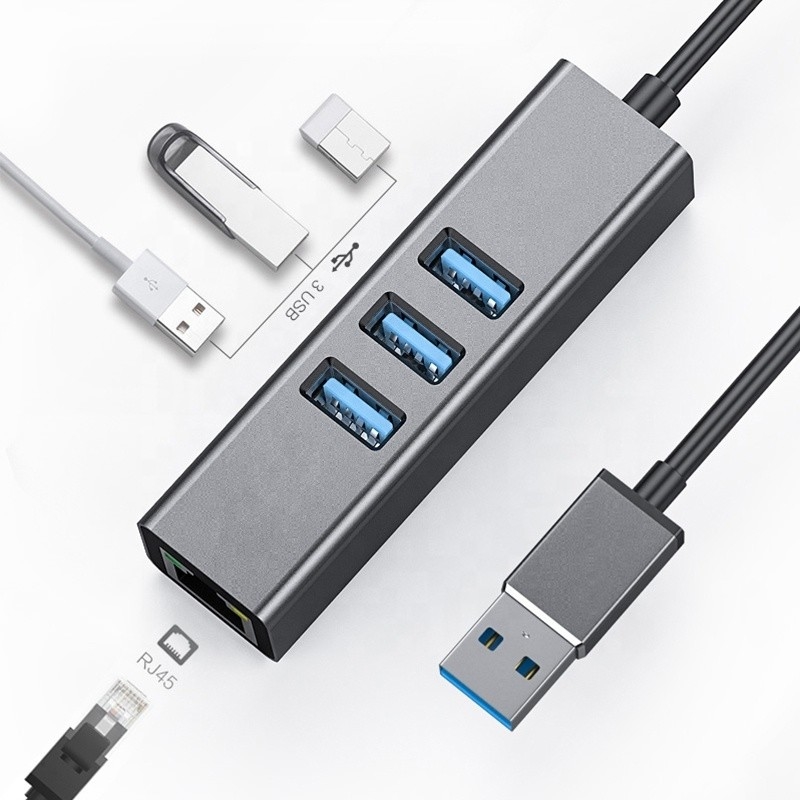 Grey USB3.0 Hub và RJ45 Lan Adapter với 3 cổng USB Gigabit Ethernet Network Card