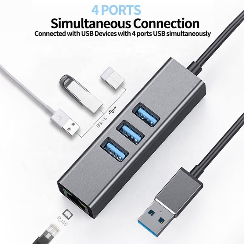 Grey USB3.0 Hub và RJ45 Lan Adapter với 3 cổng USB Gigabit Ethernet Network Card