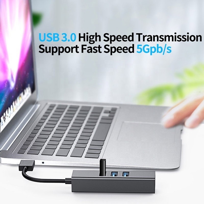 Grey USB3.0 Hub và RJ45 Lan Adapter với 3 cổng USB Gigabit Ethernet Network Card