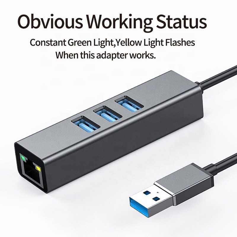 Grey USB3.0 Hub và RJ45 Lan Adapter với 3 cổng USB Gigabit Ethernet Network Card