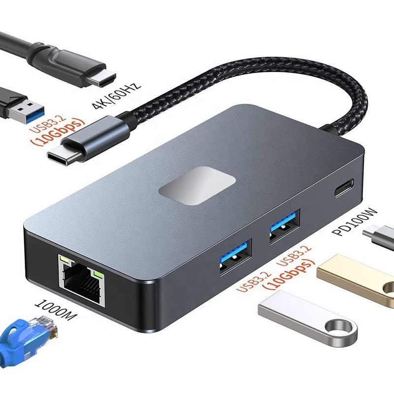 8-in-1 Multiport Adapter USB-C Hub với HDMI 3 USB3.0 RJ45 Và PD Output 5-8 cổng