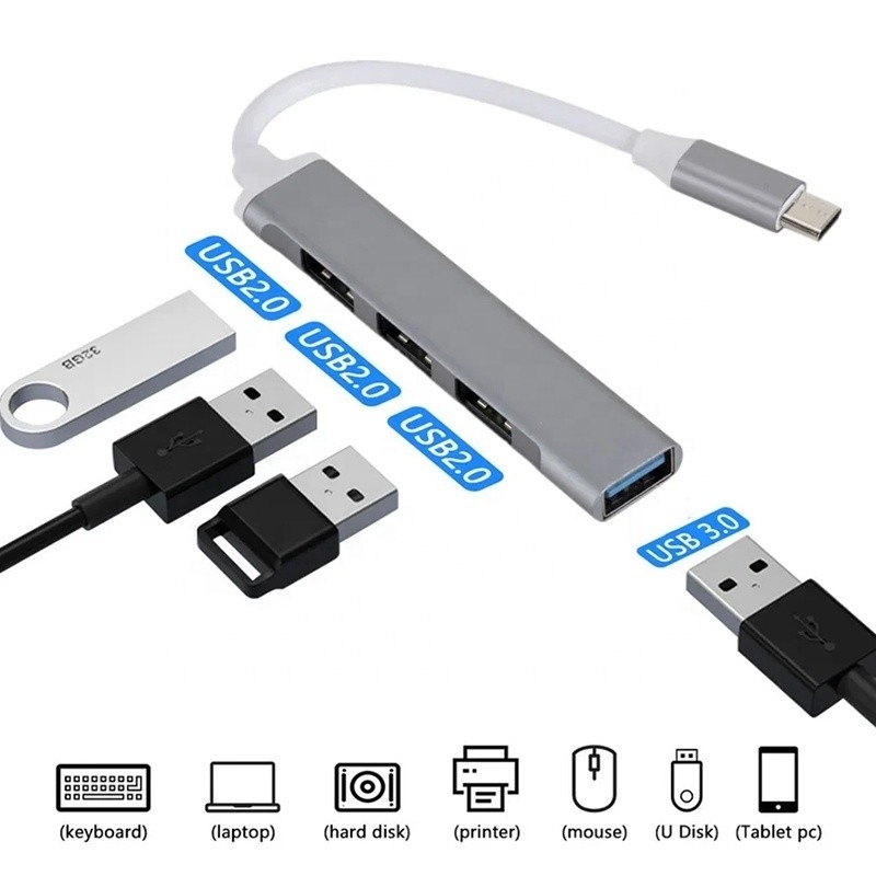 Aluminium 4 cổng USB Type-C đến USB 3.0 2.0 Data Hub để truyền dữ liệu tốc độ cao