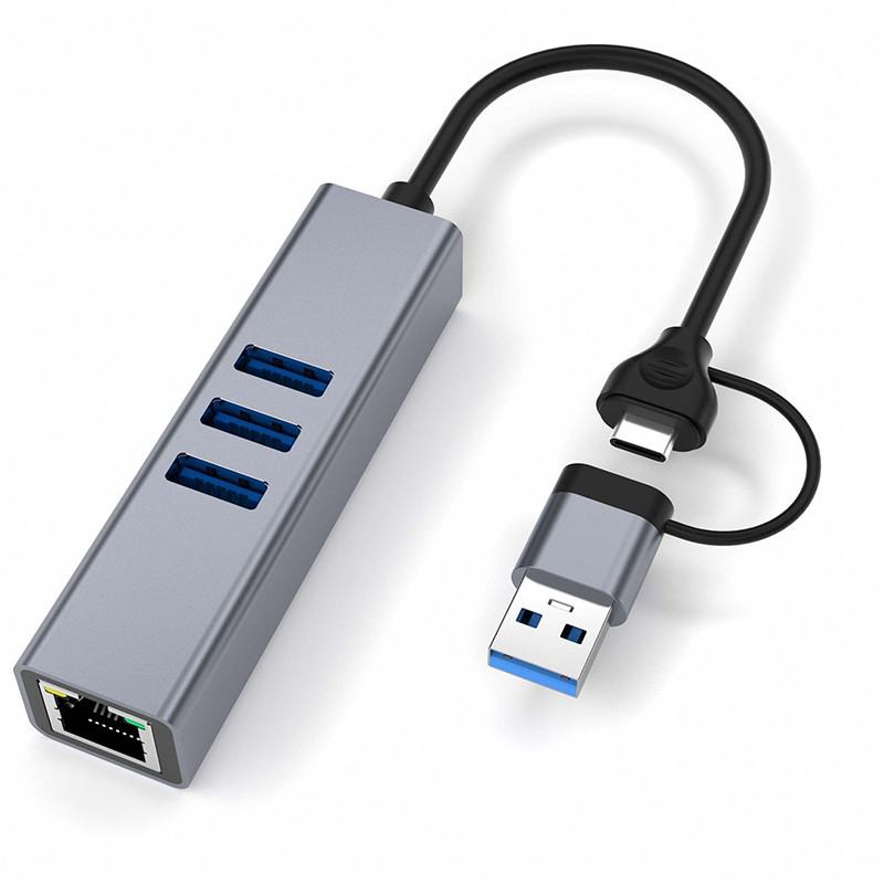 USB Type C LAN Adapter 6-in-2 USB C Hub với 3 cổng USB 3.0 và RJ45 Gigabit LAN Interface