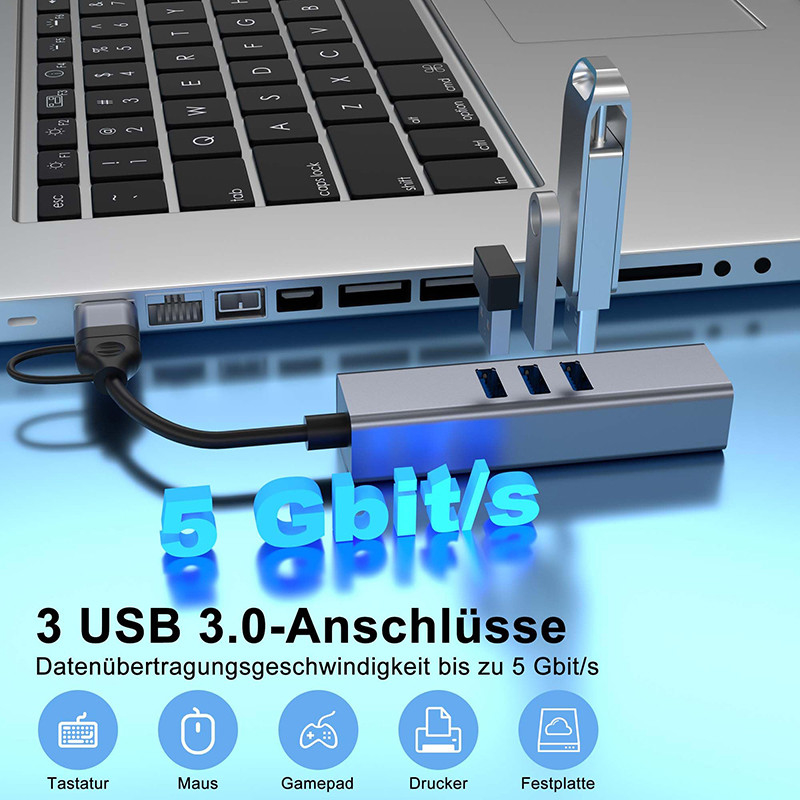 USB Type C LAN Adapter 6-in-2 USB C Hub với 3 cổng USB 3.0 và RJ45 Gigabit LAN Interface