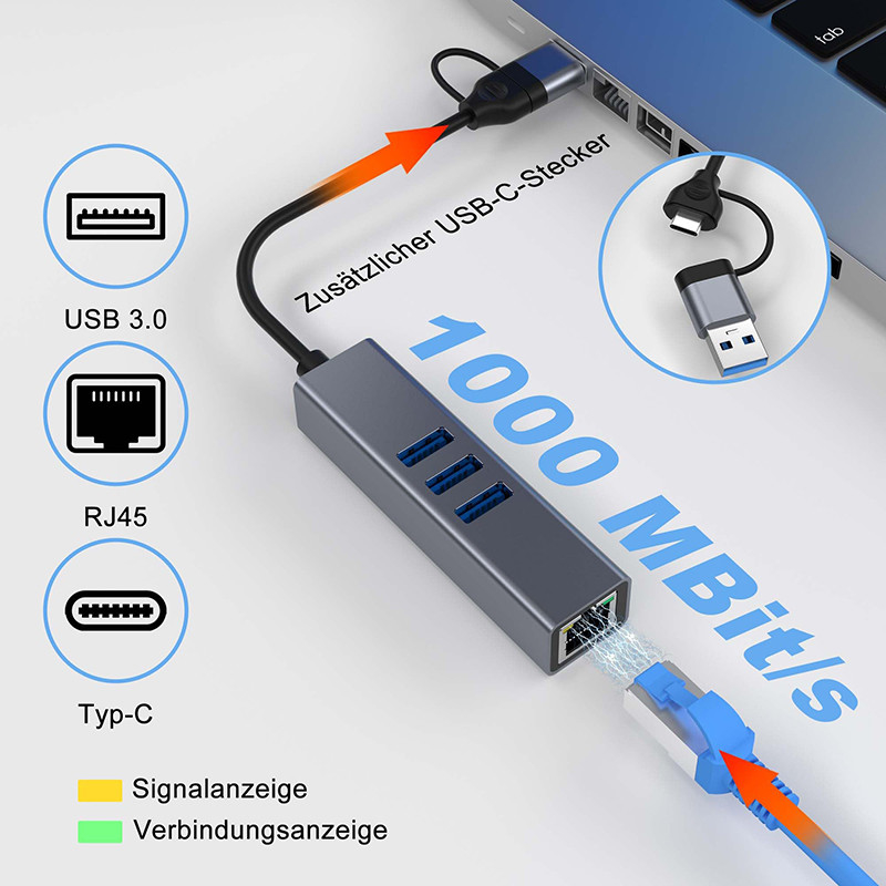 USB Type C LAN Adapter 6-in-2 USB C Hub với 3 cổng USB 3.0 và RJ45 Gigabit LAN Interface