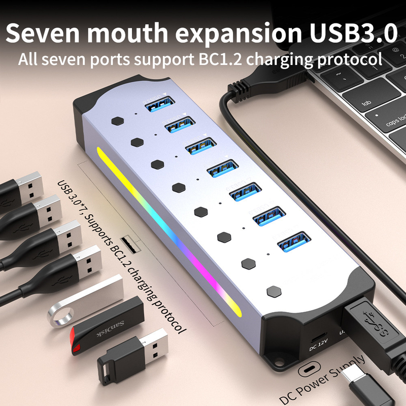 Logo tùy chỉnh được chấp nhận tốc độ USB 3.0 Hub với 7 cổng và thiết kế hợp kim nhôm