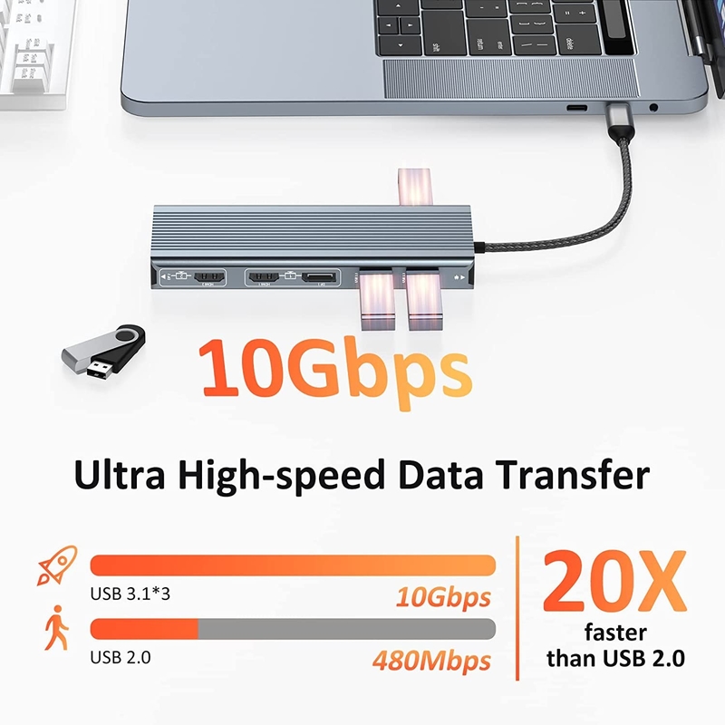 USB 3.1 Giao diện loại C đến 9 cổng USB A 3.0 Adapter với RJ45 Gigabit Ethernet Network Card Xám
