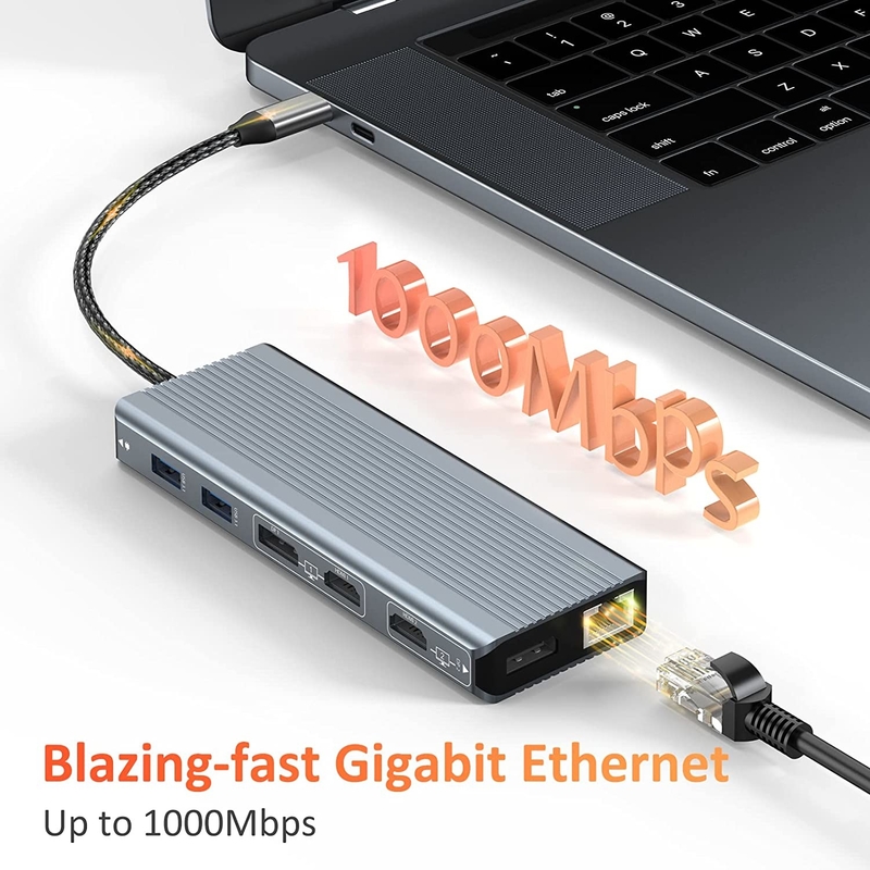 USB 3.1 Giao diện loại C đến 9 cổng USB A 3.0 Adapter với RJ45 Gigabit Ethernet Network Card Xám
