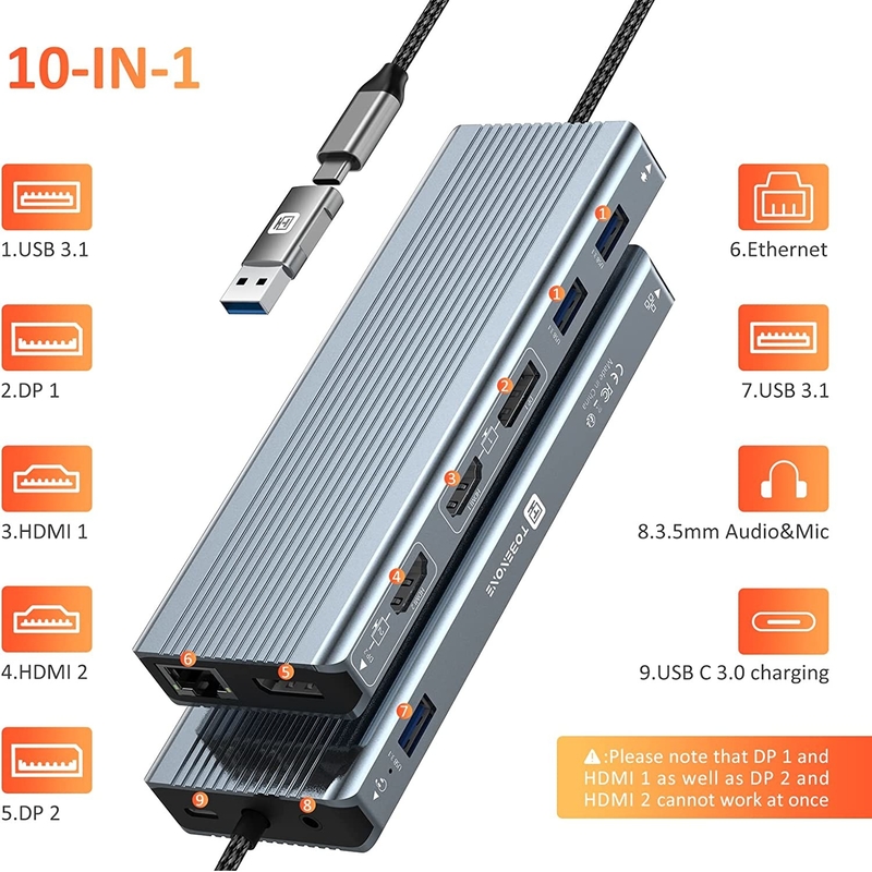USB 3.1 Giao diện loại C đến 9 cổng USB A 3.0 Adapter với RJ45 Gigabit Ethernet Network Card Xám