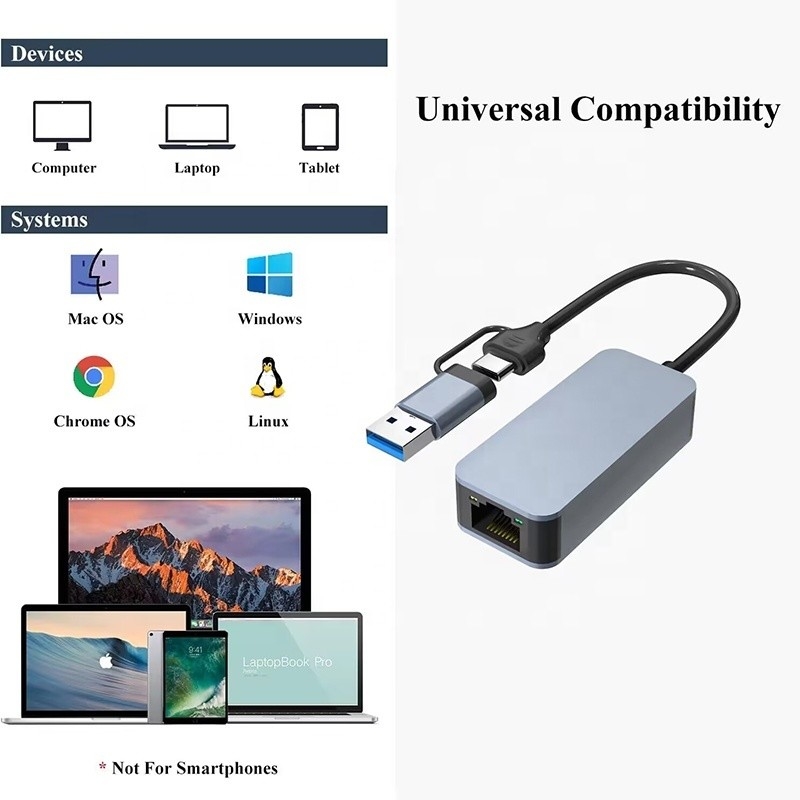 Bộ chuyển đổi Ethernet 2 trong 1 nhôm USB 3.0 loại C cho kết nối mạng nhanh và ổn định