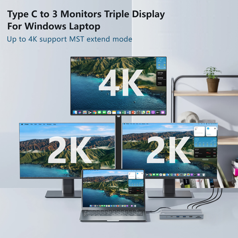14 Trong 1 Trạm đậu nối USB-C với DisplayLink IC loại C đến HDMI Hỗ trợ màn hình ba lên đến 4K Hợp kim nhôm và ABS