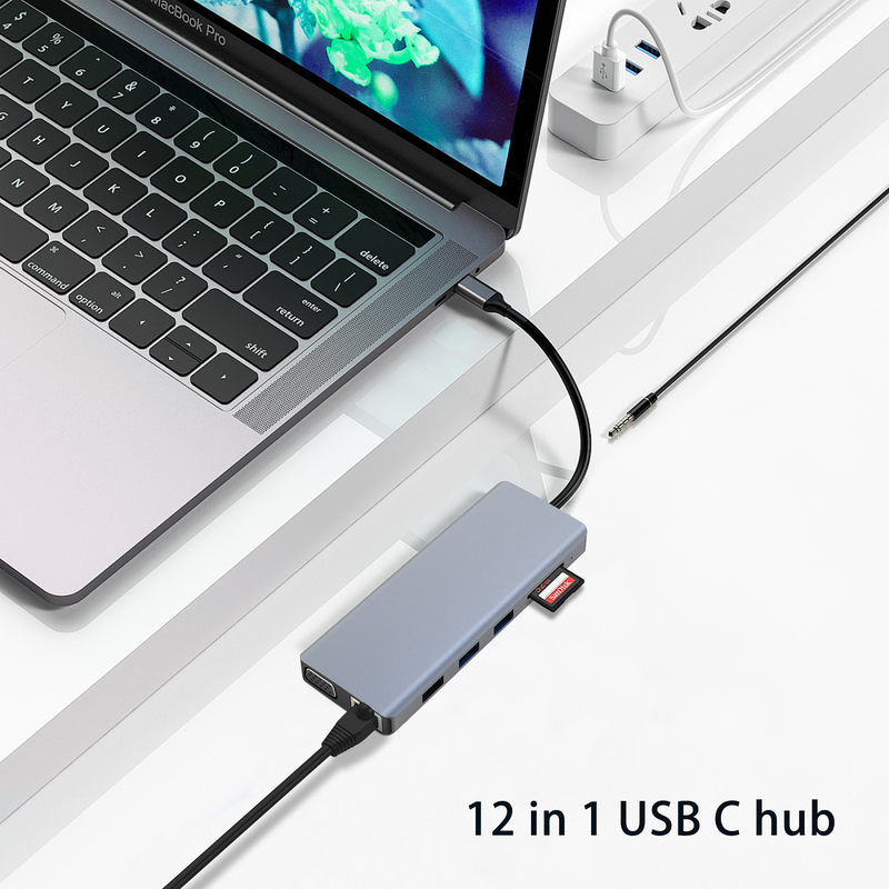 Màu kết nối màu xám USB 3.0 Inthernet RJ45 HDMI 4K 12 trong 1 USB C Hub